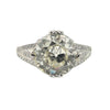 Platinum ring featuring a 3.67ct old European–cut diamond with compass-set prongs and pavé shoulders