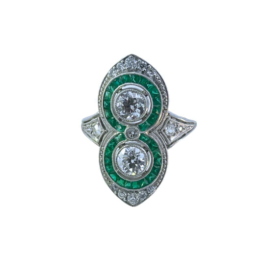 Edwardian-Style European-cut Diamond Emerald Dinner Ring