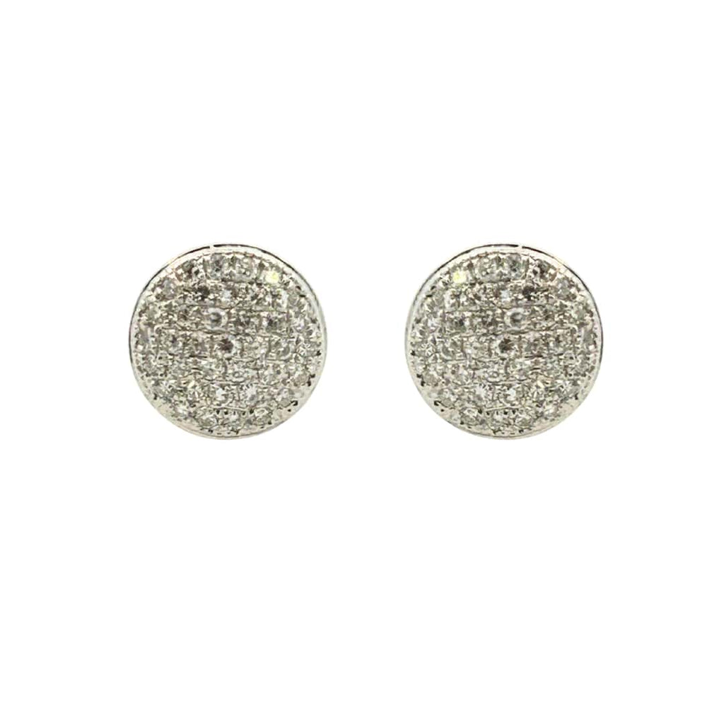 Pair of estate pavé diamond disc earrings in 14k white gold, each with 74 single-cut diamonds in slightly domed round design.