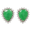Front view of pear-shaped jadeite earrings with diamond halo settings in white gold.