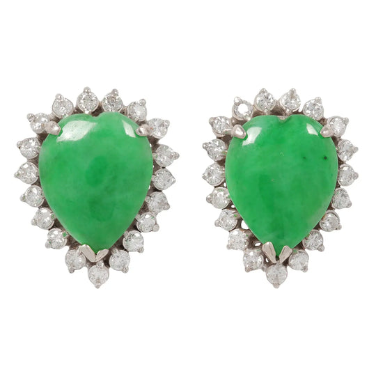 Pear-Shaped Jadeite and Diamond Halo Earrings in White Gold