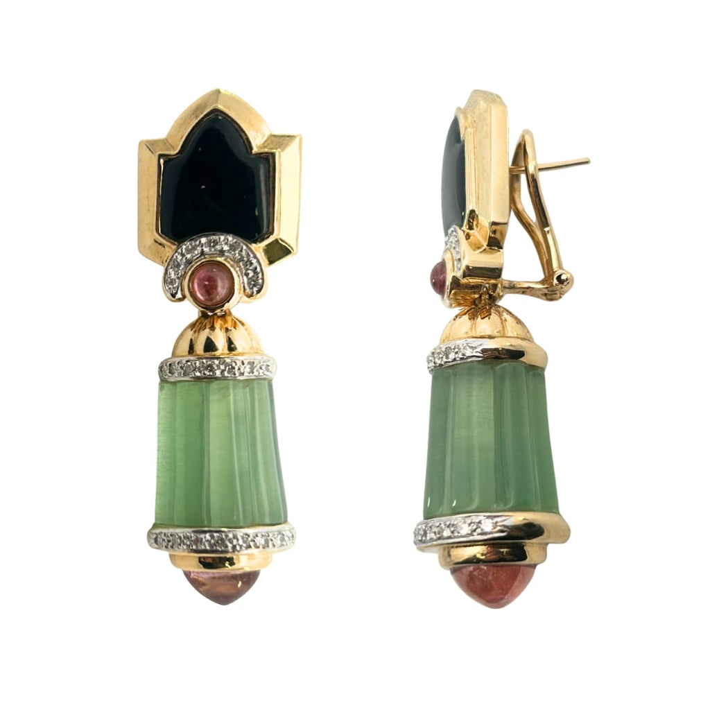 Side and angled view showing omega clip backs and the fluted green tourmaline drops with diamond collars.