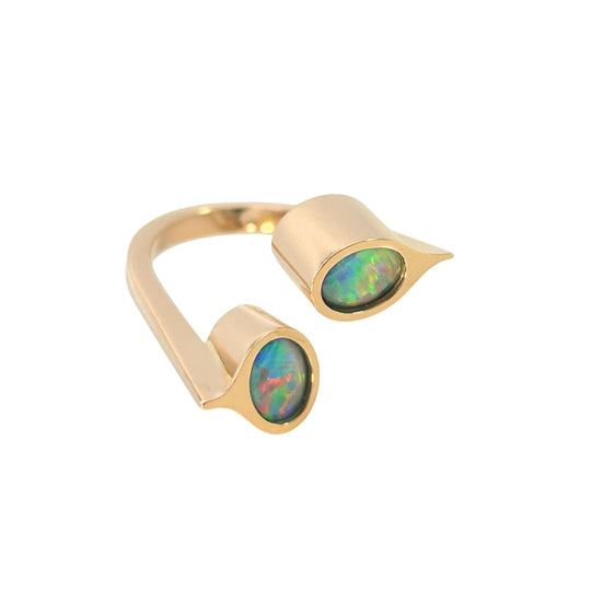 Contemporary Opal Double Bezel Ring – 18k Yellow Gold 'Toi et Moi' Design