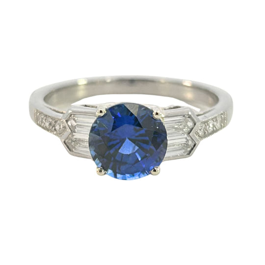 Art Deco Round Blue Sapphire & Tapered Baguette Diamond Platinum Ring