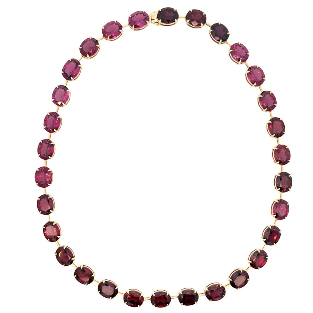 Victorian-inspired bar-set necklace with thirty oval rhodolite garnets in 14k yellow gold.