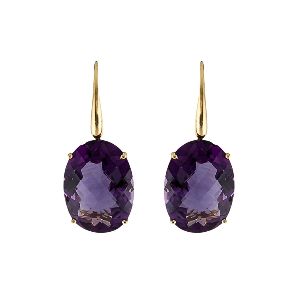 Roberto Coin amethyst drop earrings in 18k yellow gold with large oval gemstones.