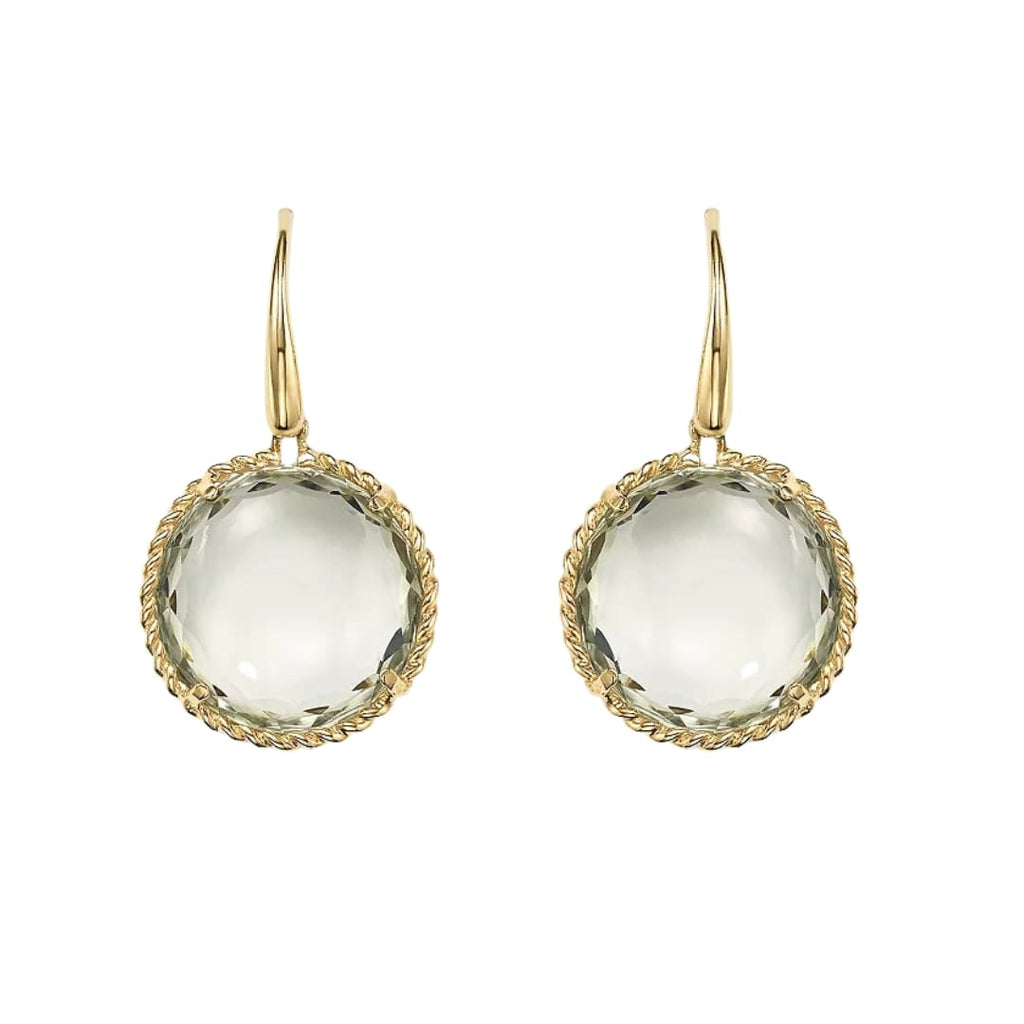 Roberto Coin prasiolite drop earrings in 18k yellow gold with twisted rope border.