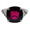 18k white gold rubellite and diamond cocktail ring with black diamond swirl accents and 5.35ct cushion-cut rubellite center.