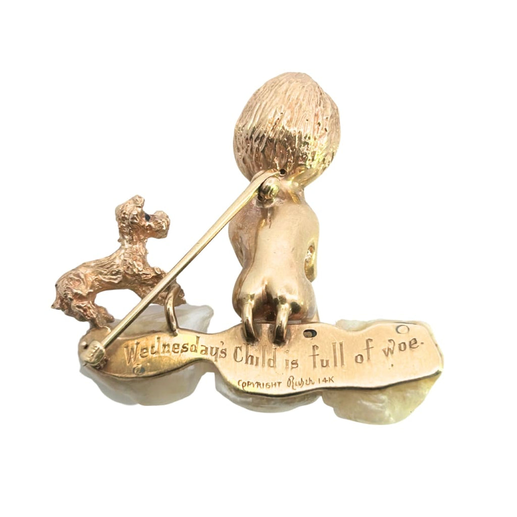 Ruser “Wednesday’s Child” brooch in 14k yellow gold with sapphire eyes and three American freshwater pearl clouds, child and dog motif, circa 1940s–1950s.