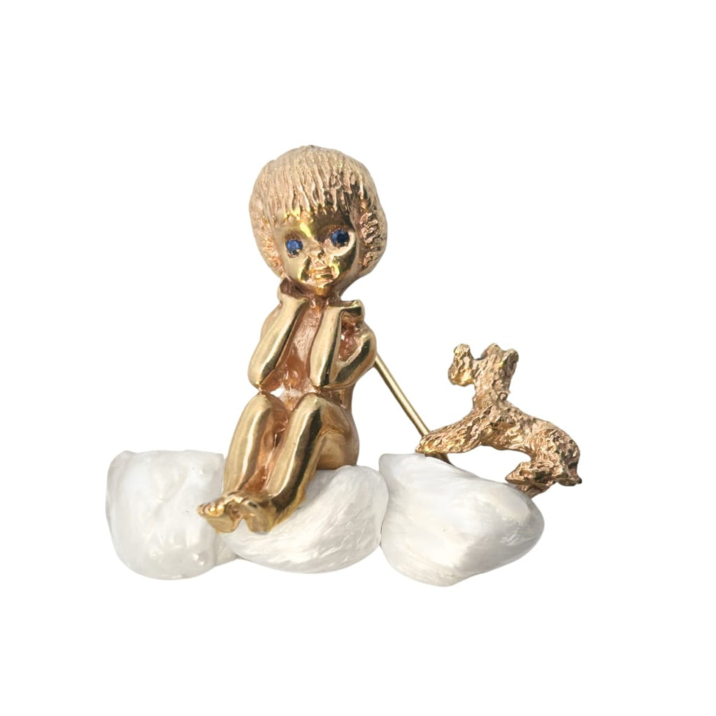 Ruser “Wednesday’s Child” brooch in 14k yellow gold with sapphire eyes and three American freshwater pearl clouds, child and dog motif, circa 1940s–1950s.