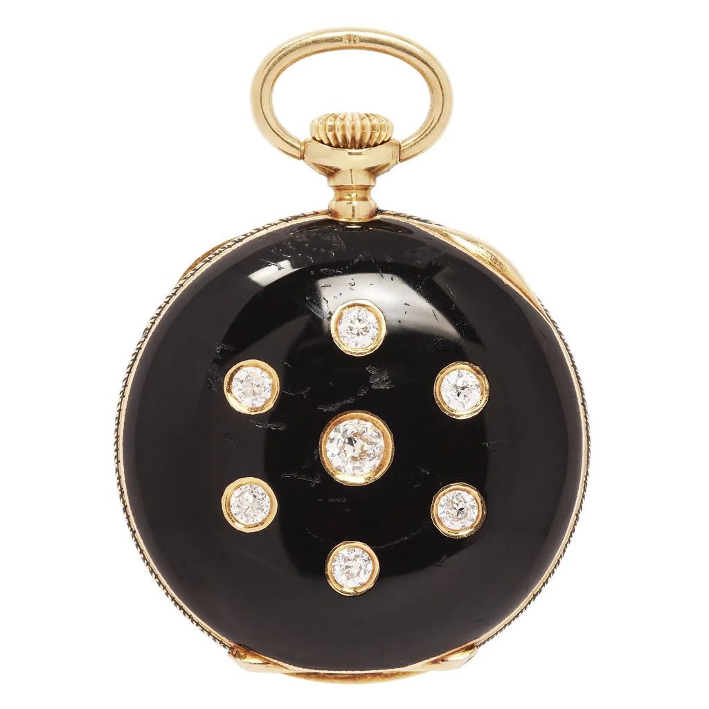 Case back with seven bezel‑set diamonds in black enamel.