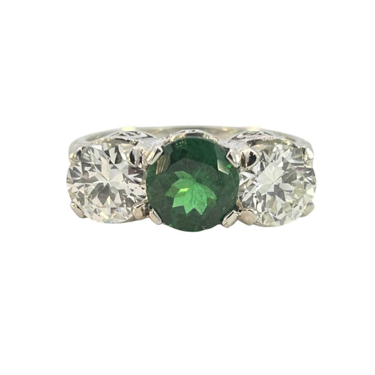 Edwardian Three-stone Round Tsavorite Garnet & Diamond Platinum Ring