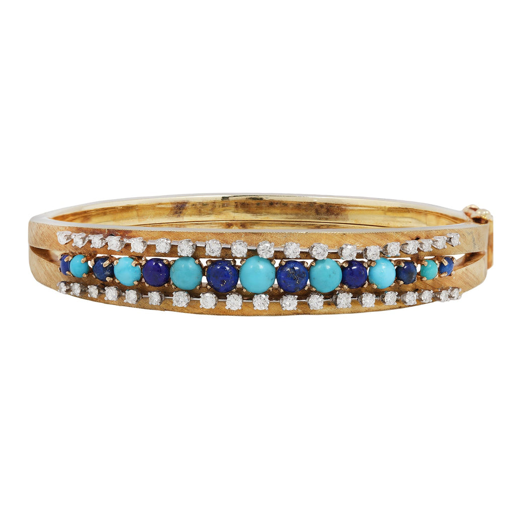 Turquoise and Lapis Lazuli Cabochon Hinge Cuff Diamond Bracelet Estate Collection