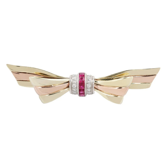 Tri-color Retro Ruby and Diamond Brooch