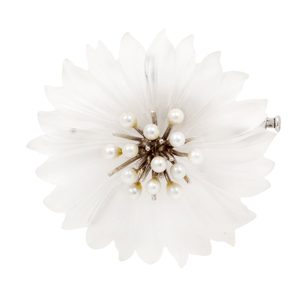 Carved Rock Crystal and Pearl Flower Brooch Estate Collection