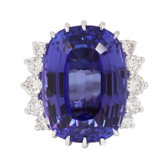 Cushion-cut Tanzanite with Semi-Diamond Halo Cocktail Ring