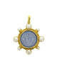Cerulean Venetian glass Cupid Riding a Lion intaglio pendant with pearls and 19k yellow gold, front view