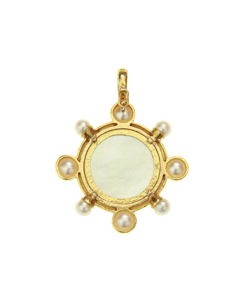 Cerulean Venetian glass intaglio pendant with mother-of-pearl backing and hinged 19k yellow gold bail, back view