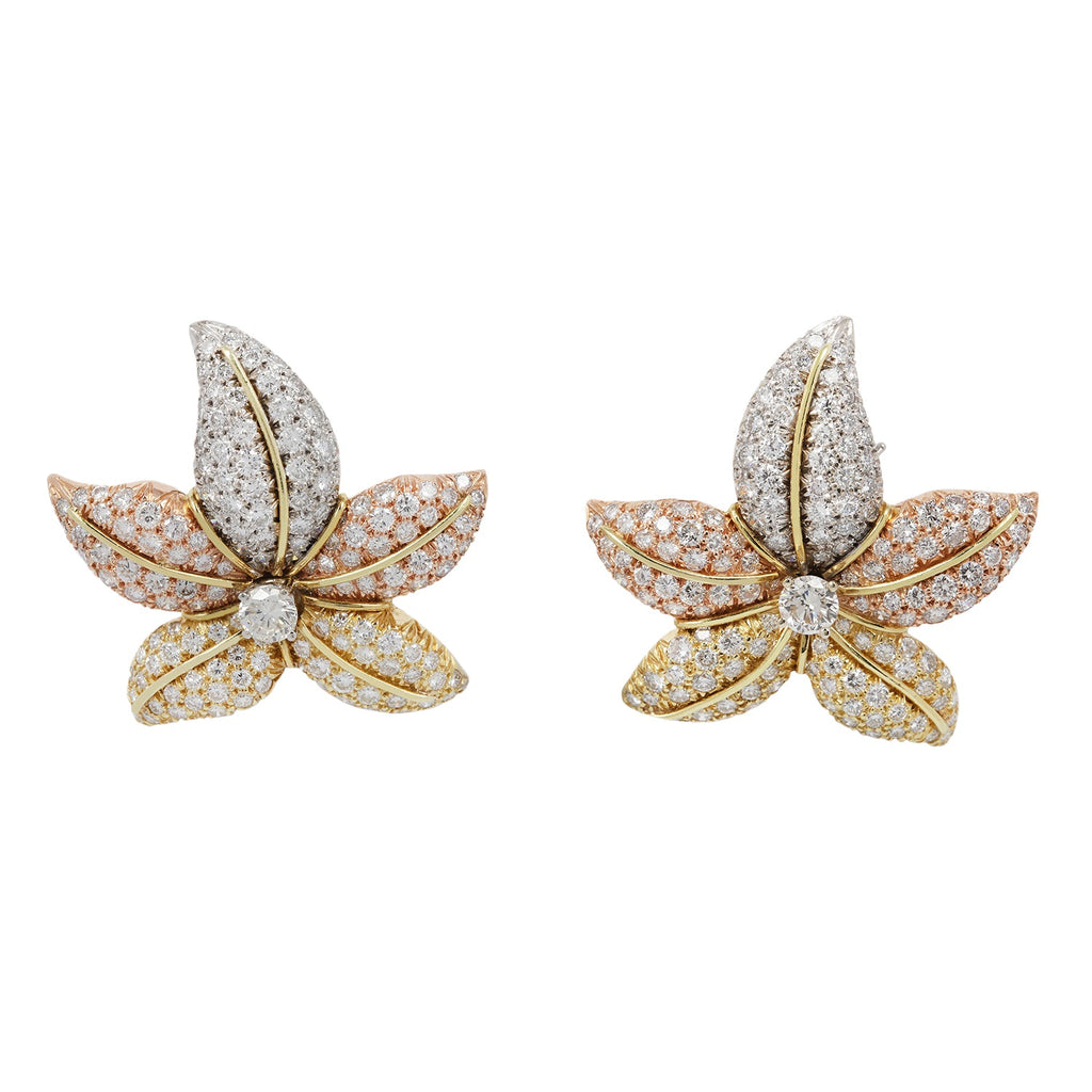 Tri-color Gold and Diamond Flower Earrings Estate Collection