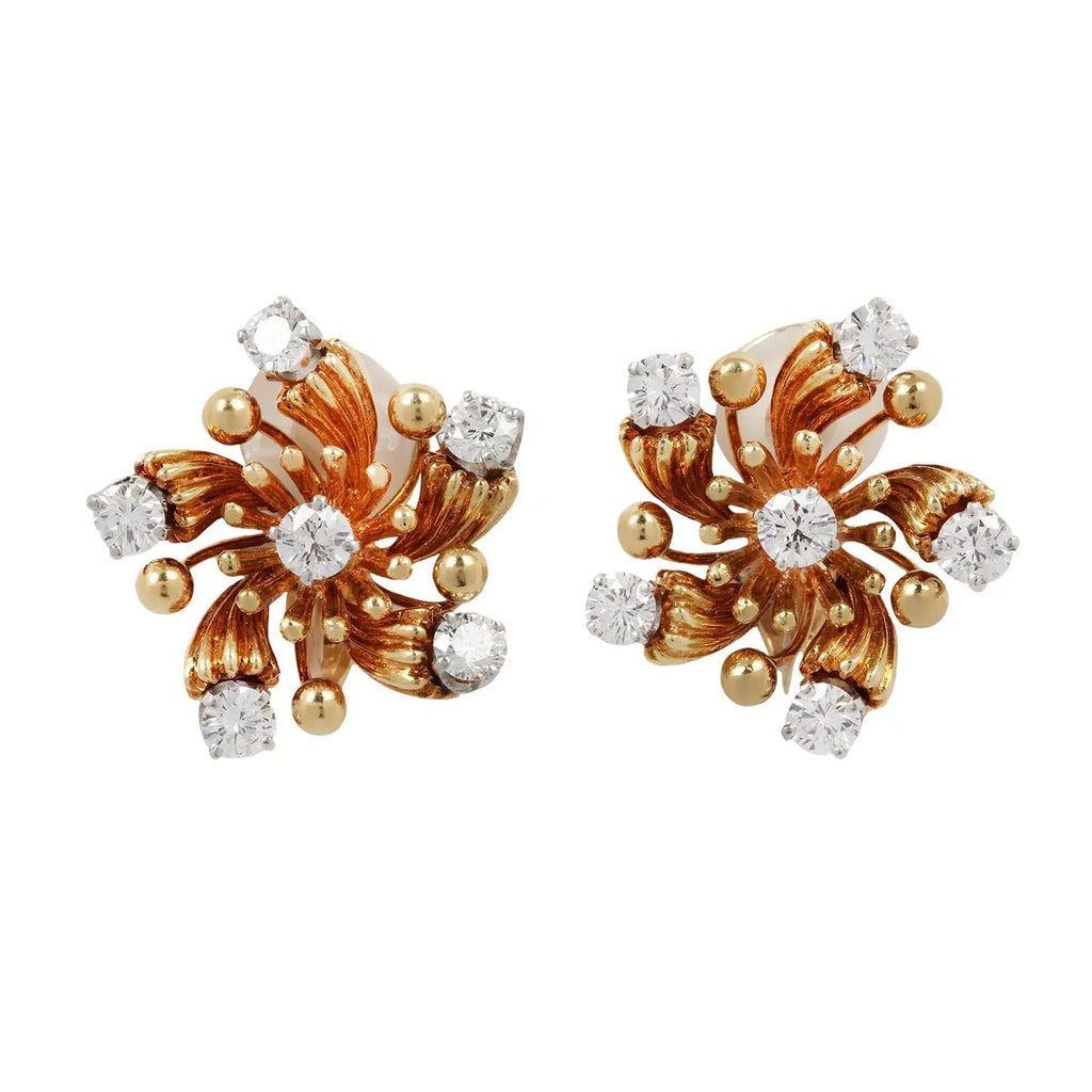 TIFFANY & CO. Jean Schlumberger Vintage Diamond and Gold Flower Earrings Estate Collection