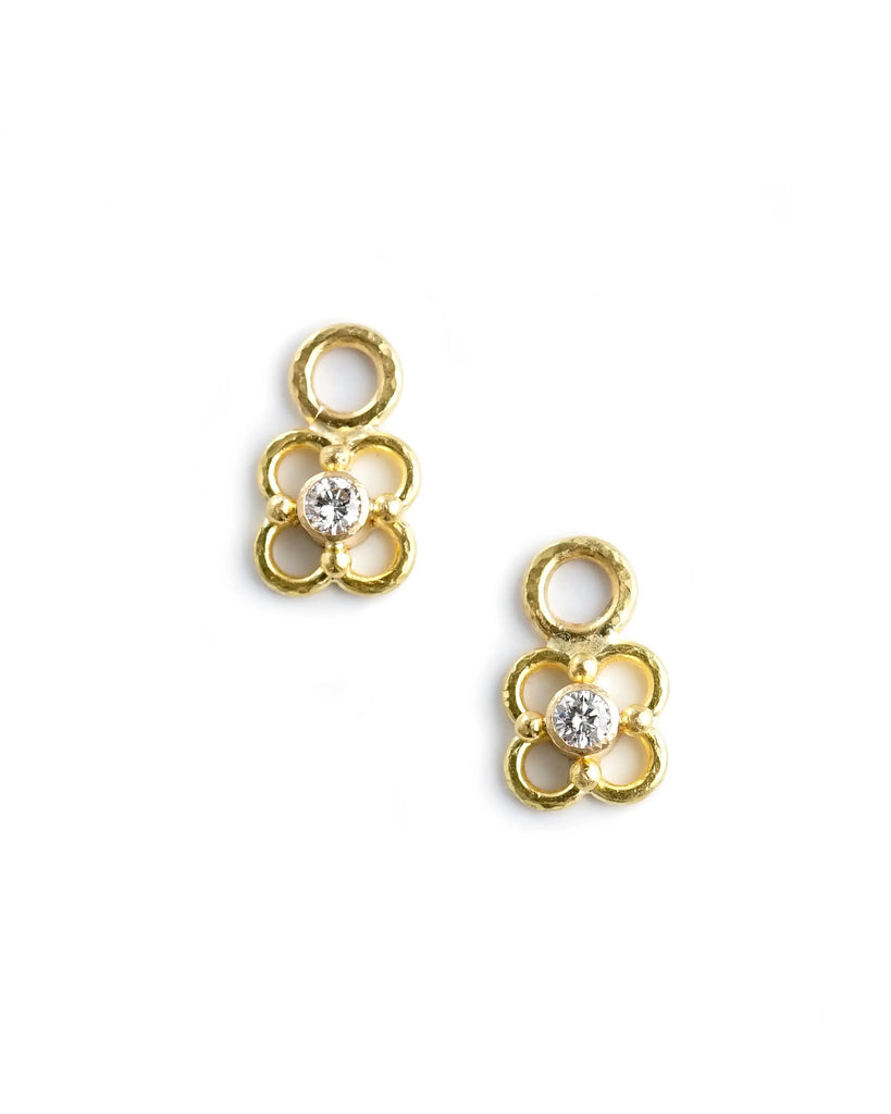 Diamond clover arches earring pendants in hammered 19k yellow gold, front view