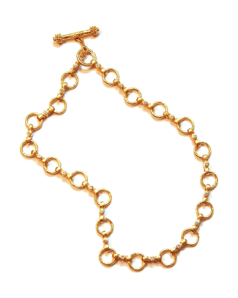Hammered 19k yellow gold diamond Celtic link necklace with toggle closure, full view