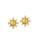 Hammered 19k yellow gold dome earrings surrounded by diamond gemstones, front view