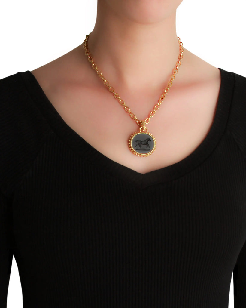 Onyx and Granulation Running Horse Intaglio Pendant Elizabeth Locke Collection
