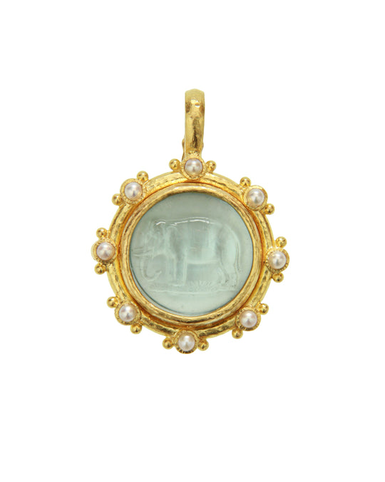 Aqua Venetian Glass Elephant Intaglio and Pearl Pendant