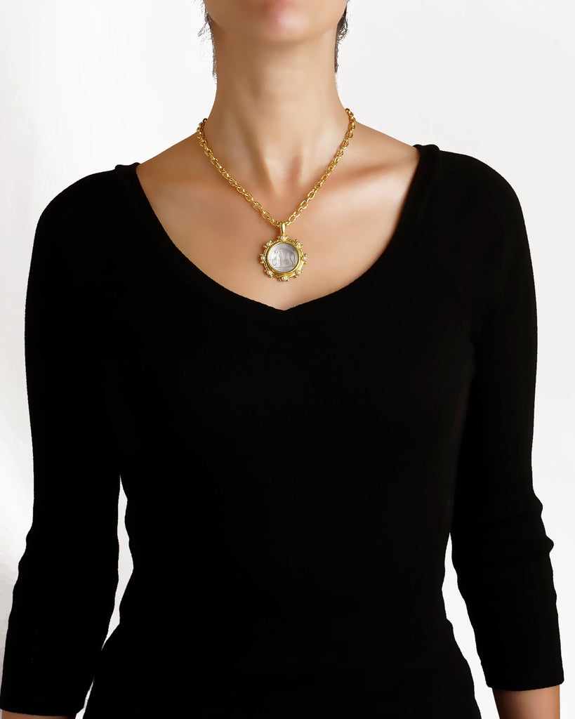 Aqua Venetian Glass Elephant Intaglio and Pearl Pendant Elizabeth Locke Collection