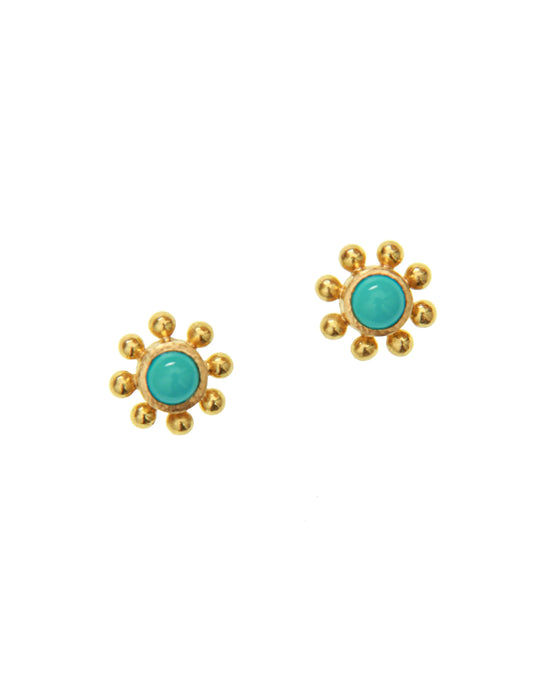 Sleeping Beauty Turquoise and Granulation Stud Earrings in 19K Yellow Gold