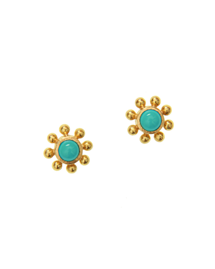 Sleeping Beauty turquoise and 19k yellow gold granulation stud earrings, front view