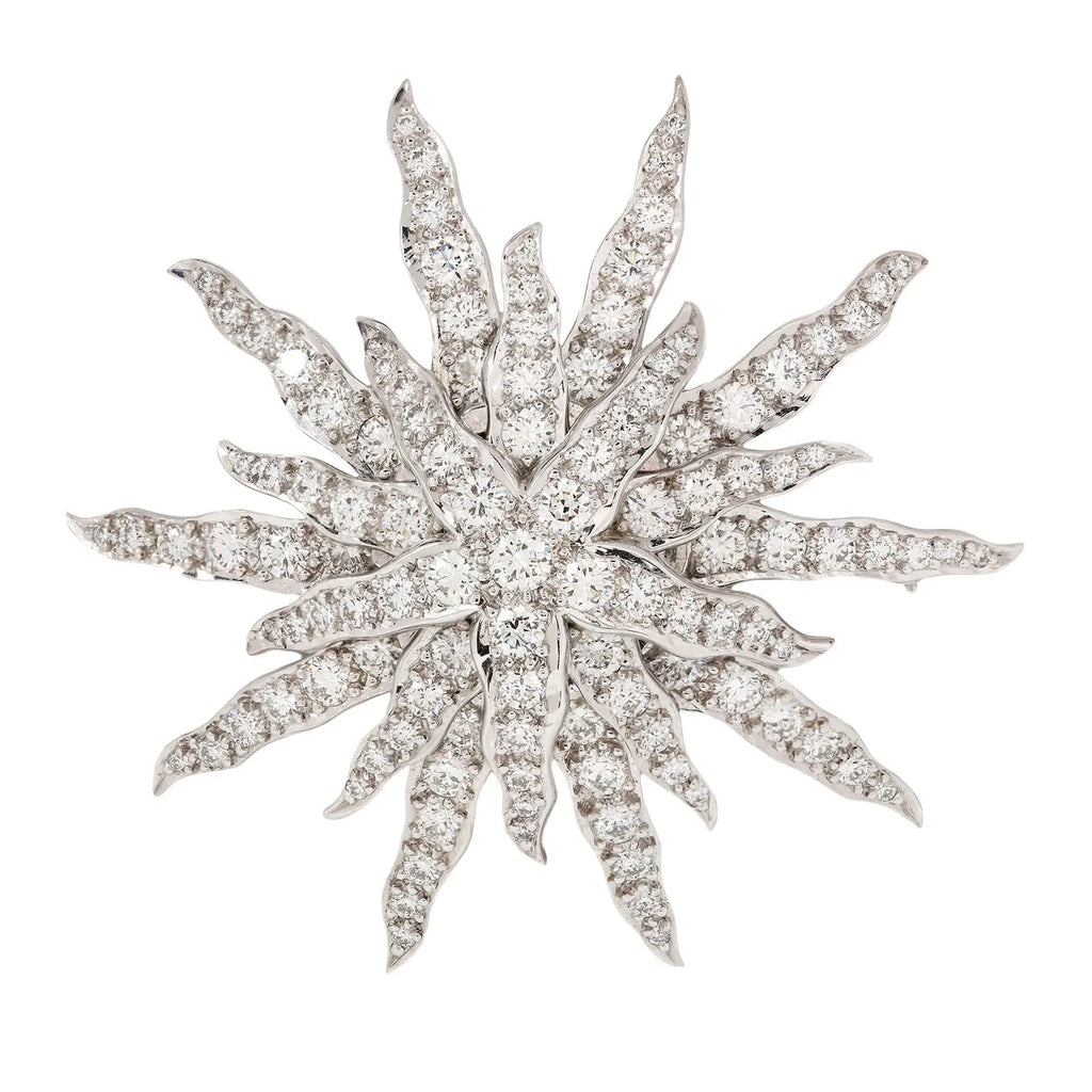 Front view of Tiffany & Co. platinum lace starburst brooch set with 118 brilliant-cut round diamonds totaling approximately 2.5 carats